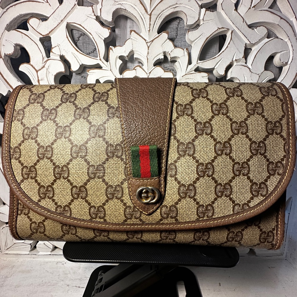 Gucci GG Supreme Web Stripe Clutch Wallet Crossbody Brown Vintage - Picture 5 of 15